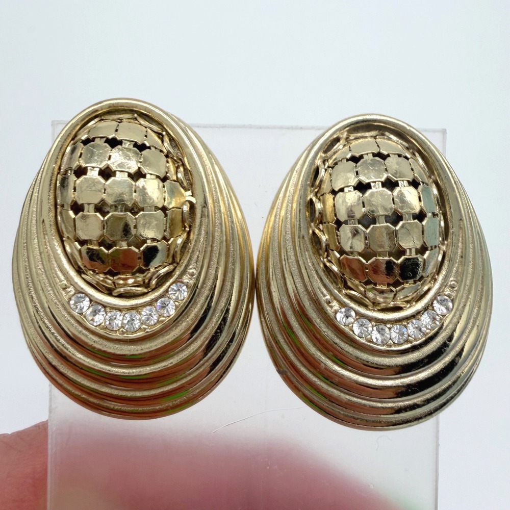 Vintage Whiting & Davis Gold Tone Mesh Dome Rhinestone Statement Earrings